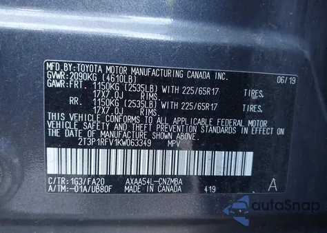 2019 Toyota Rav4 Xle z USA, uszkodzony, nr VIN 2T3P1RFV1KW063349